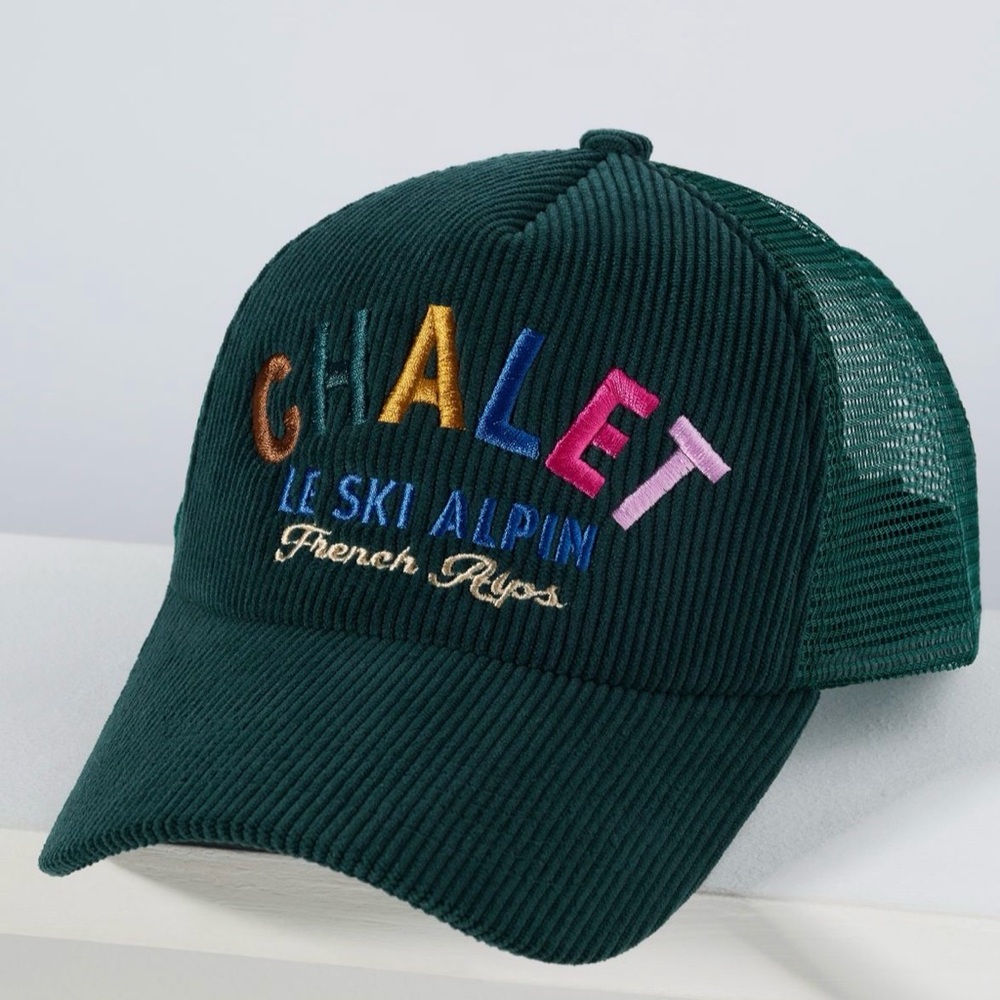 Anthropologie Dark Green Corduroy 'CHALET' Embroidered Trucker Hat NWT